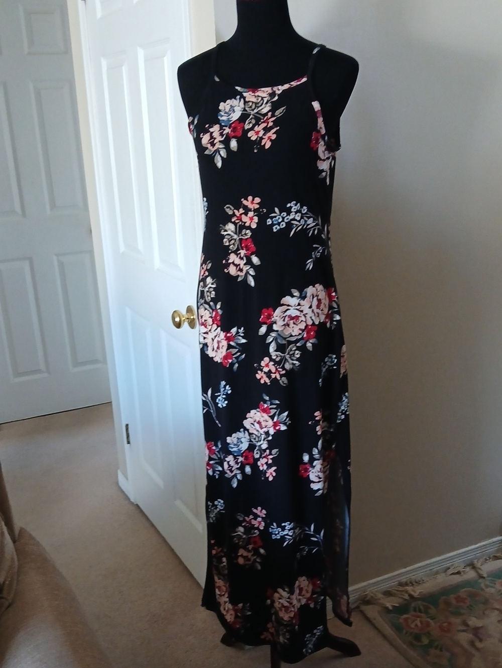 Black Floral Maxi Dress with Pink & Red Blooms - Sleeveless Summer Dress